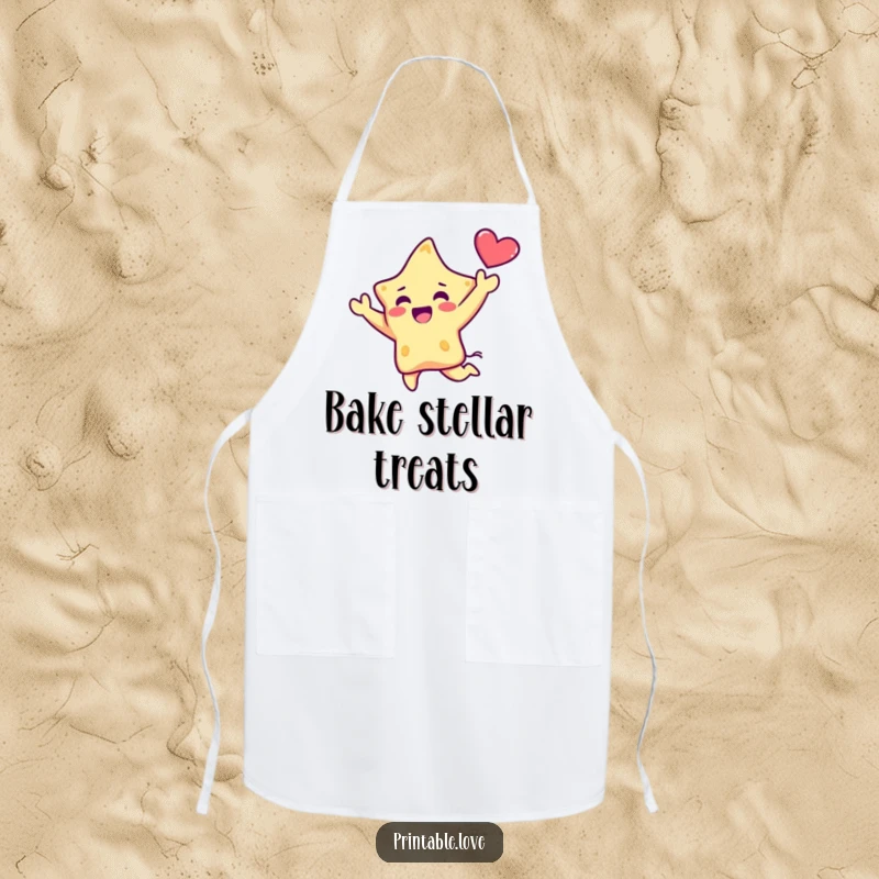Funny Kawaii Star Apron: A cute star character is shown in a joyful leap, holding a heart aloft, adding a celebratory and energetic touch to kitchen wear.