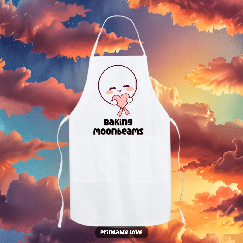 Funny kawaii moon apron with a mischievous wink and a heart-shaped ribbon, adding fun to cooking tasks.