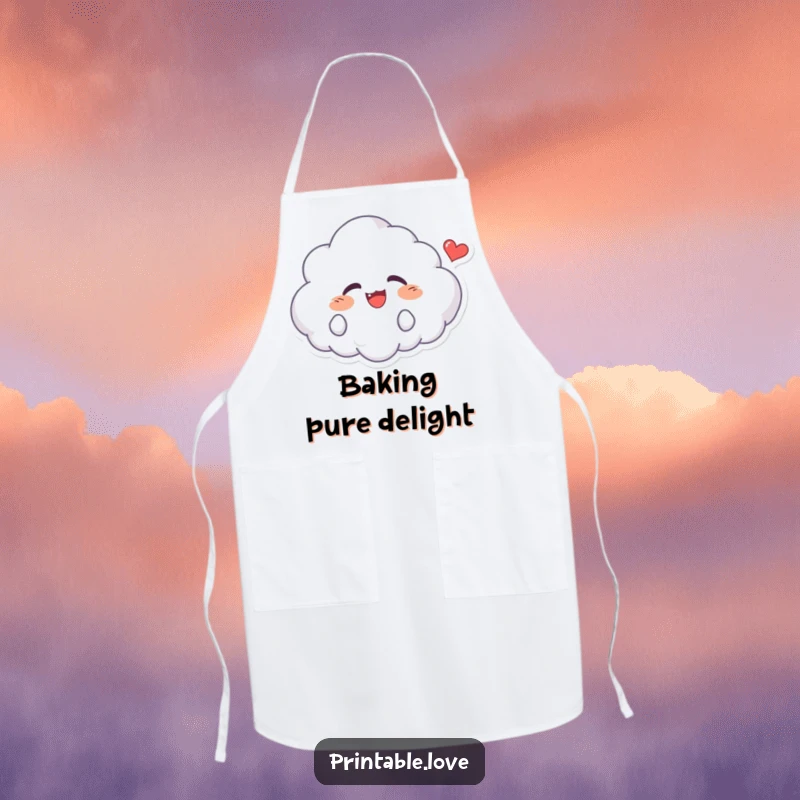 Funny Kawaii Cloud Apron: Protective kitchen wear featuring a giggling cloud character, a happy floating heart, ideal for baking and cooking.