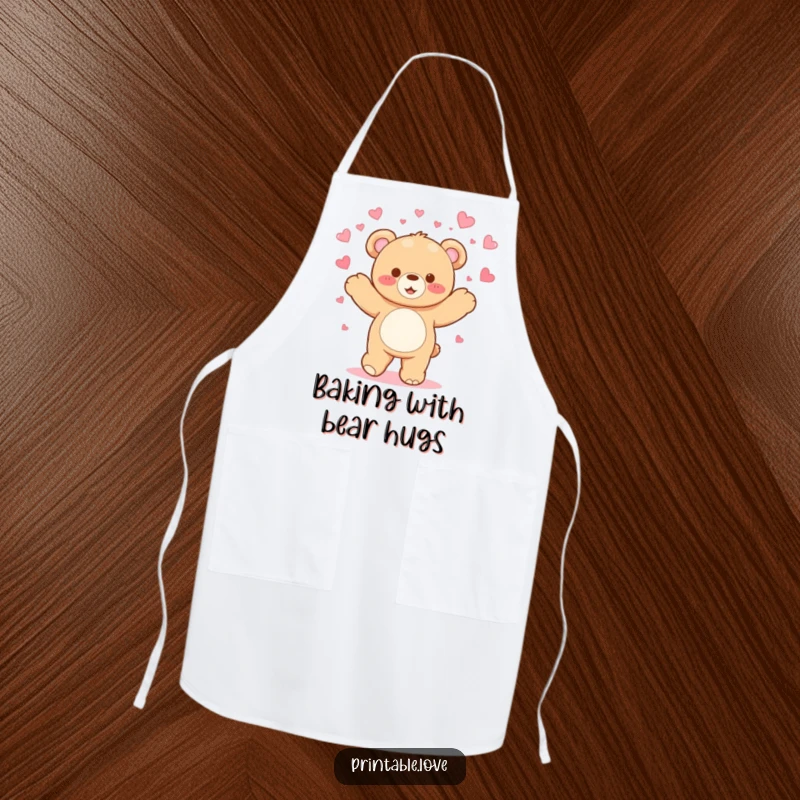 Funny Kawaii Teddy Bear Apron: A dancing bear showers hearts, making this a humorous and functional kitchen accessory.