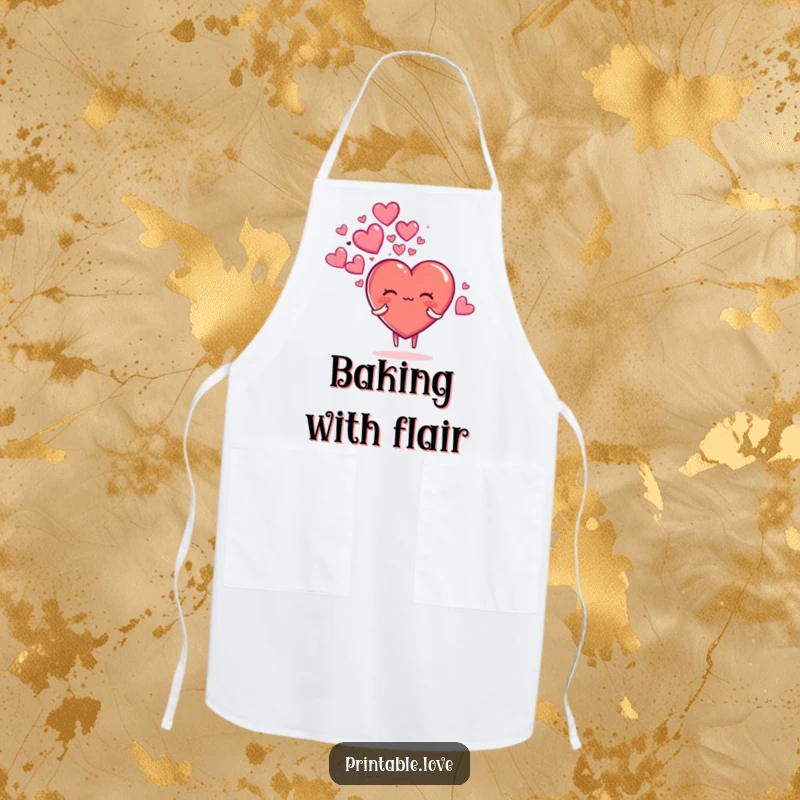 Funny kitchen apron with a heart character blowing a cloud of sparkly hearts, perfect for adding charm to cooking.