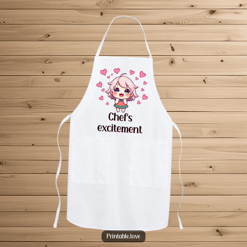 Funny Apron featuring an excited character with hearts swirling around their head, perfect for adding joy to cooking.