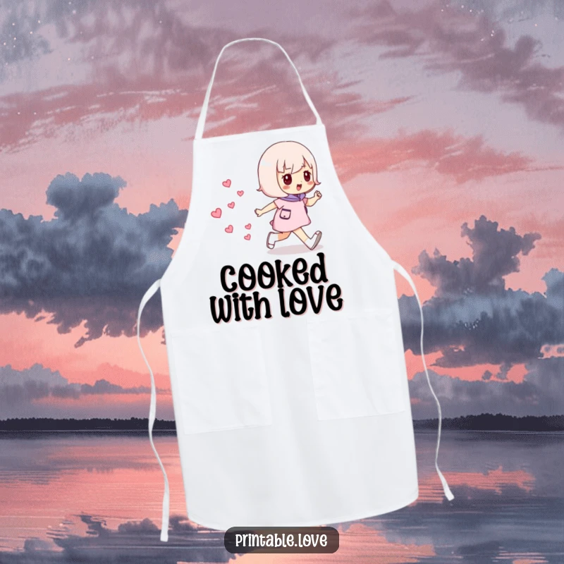 Funny Striding Hearts Apron: Adorable kitchen wear featuring a character confidently walking, leaving hearts.