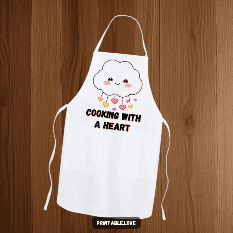 Funny Cloud Apron: Features a smiling cloud character showering sparkling hearts, adding a humorous and loving touch to meal prep.