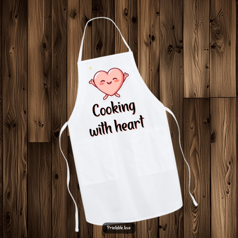 Funny tiny heart character with blushing cheeks, joyfully jumping, printed on a functional kitchen apron.