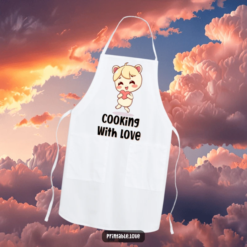 Funny apron depicting a character dancing joyfully and holding a heart, a cheerful addition to any kitchen.