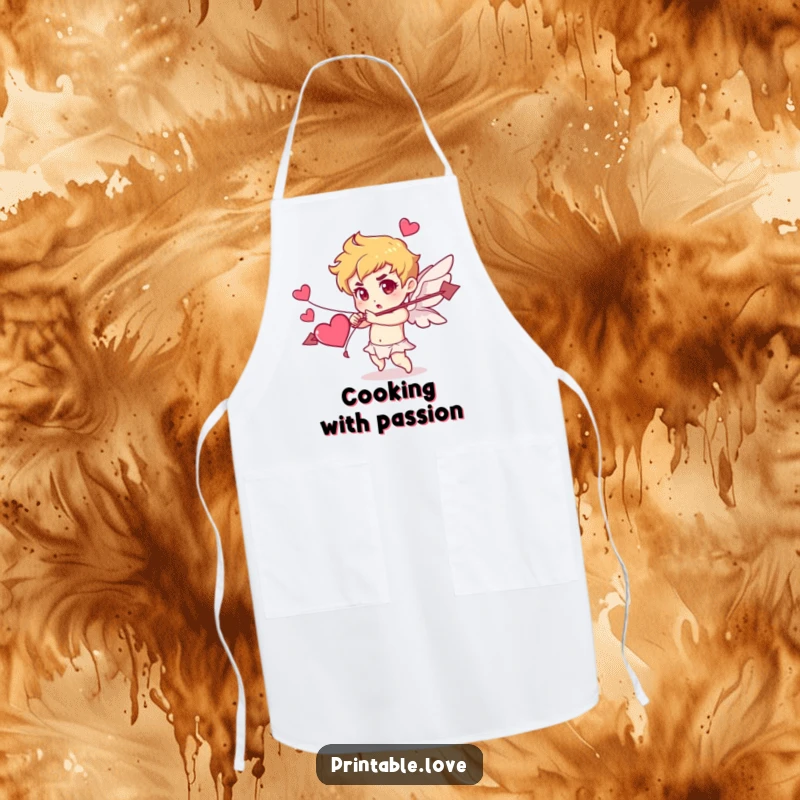 Funny Cupid apron design with a character determinedly shooting an arrow made of hearts, for kitchen use with romantic humor.
