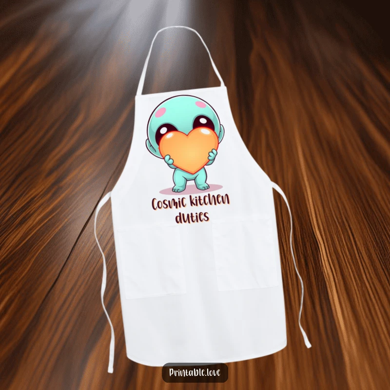 Funny Kawaii Alien Heart Apron, cute cartoon alien offering a large, glowing heart with enthusiasm, ideal for kitchen fun and protection.