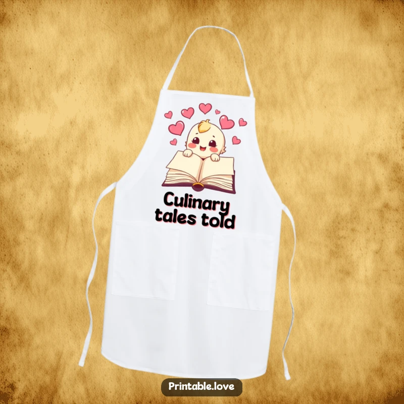 Funny book apron design with a character joyfully releasing hearts from its pages, for kitchen use with literary humor.