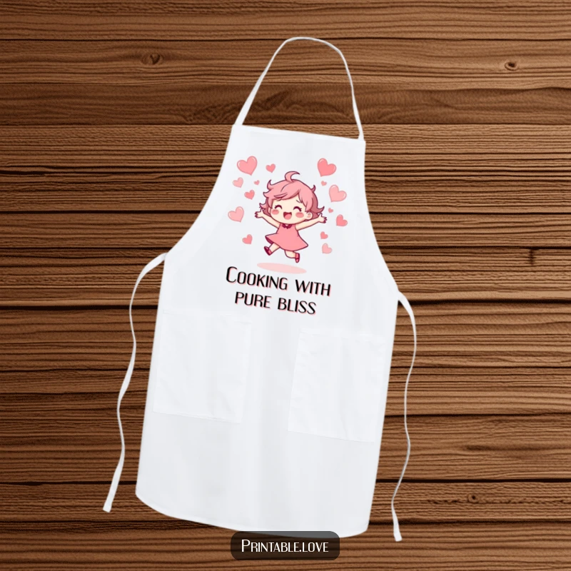 Funny Apron illustrating a character happily dancing with abandon, surrounded by floating hearts, perfect for a joyful cooking experience.