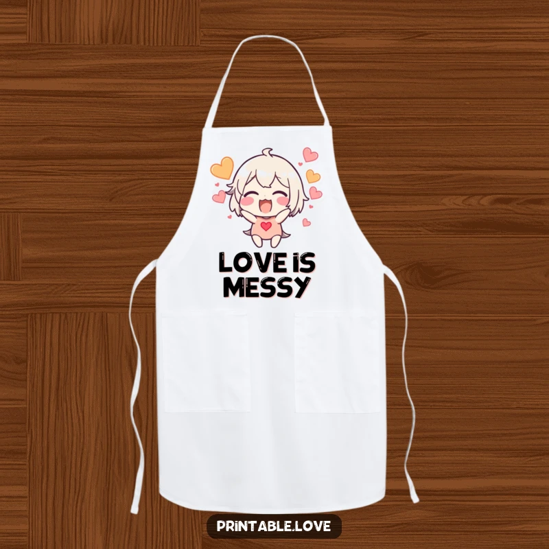Funny excited character apron, hearts bursting around the head, perfect for a funny kitchen gift.