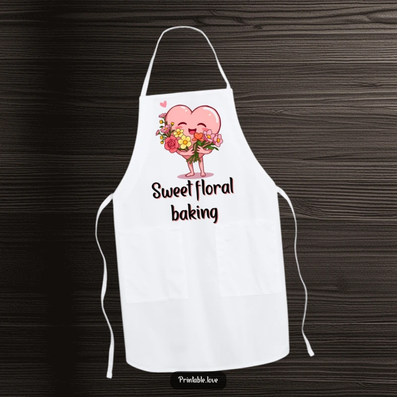Funny Heart Apron featuring a giggling heart character holding a bouquet of flowers, perfect for adding a touch of love and humor to cooking.