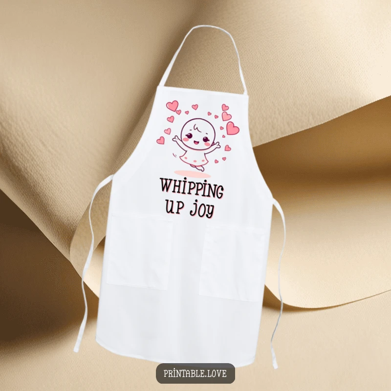 Funny apron with a kawaii character dancing energetically, surrounded by swirling hearts, perfect for adding a fun vibe to the kitchen.