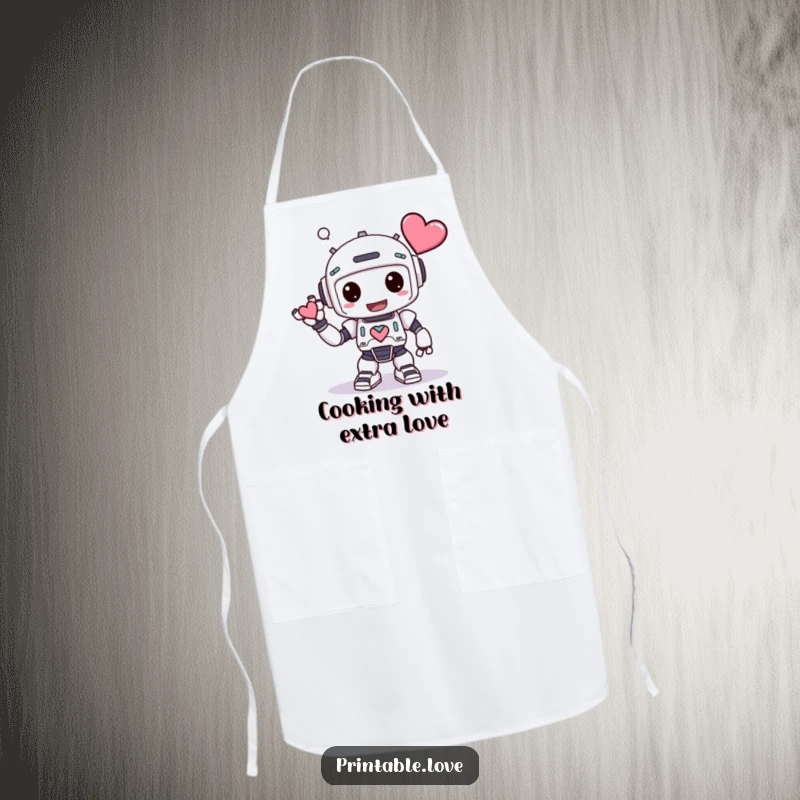 Funny Kawaii Robot Apron: A robot with a heart makes a silly bow, perfect for funny kitchen wear and cooking enthusiasts.