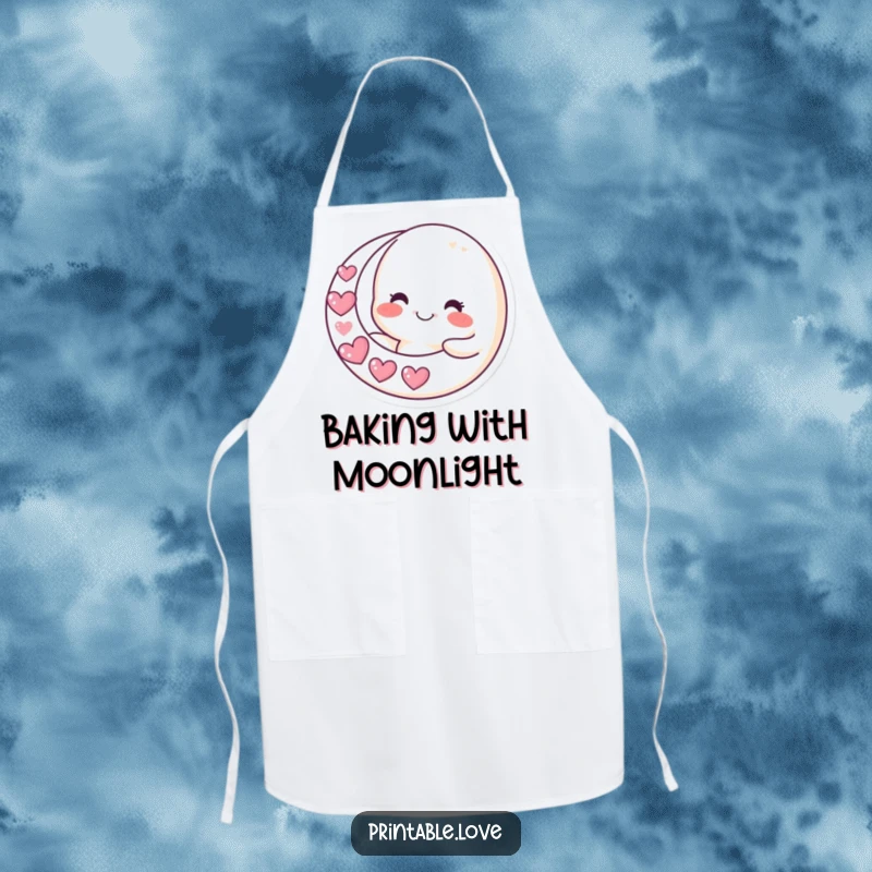Funny moon apron design with a smiling character holding a crescent moon made of hearts, for kitchen use with celestial humor.