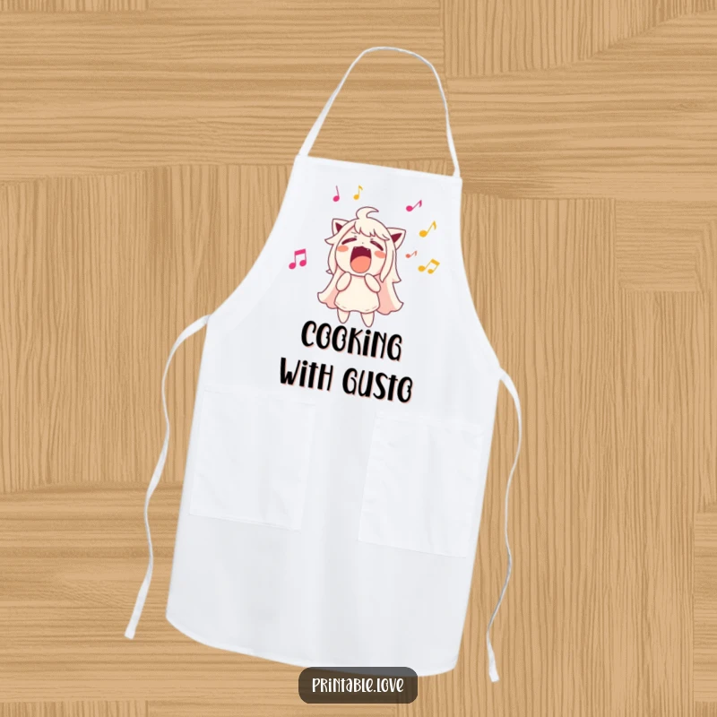 Funny character singing loudly, musical notes flying out, chef apron, humorous kitchen accessory.