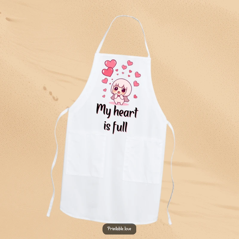 Funny apron showing a character reacting with surprise to a shower of red hearts, ideal for a humorous cook.