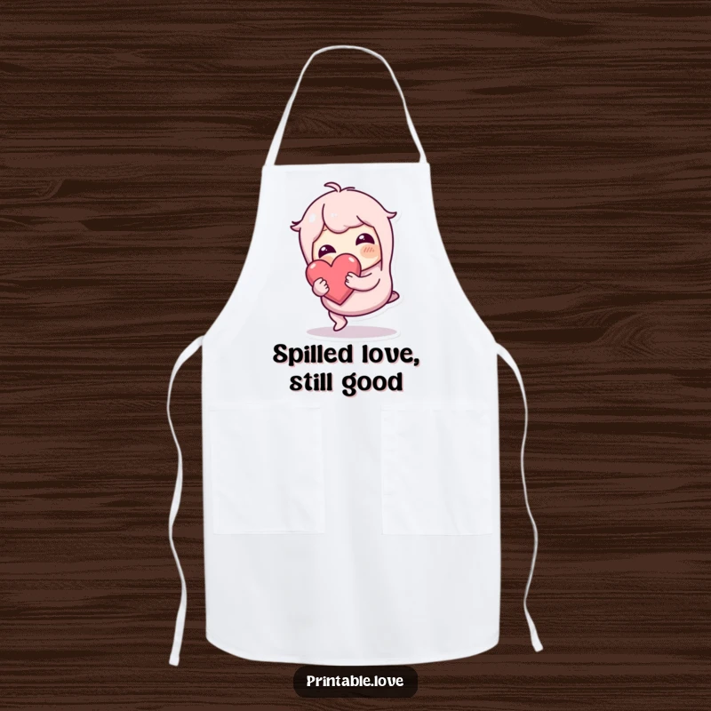 Funny wobbly character on an apron, tripping but holding a heart safely, a humorous and practical kitchen accessory.