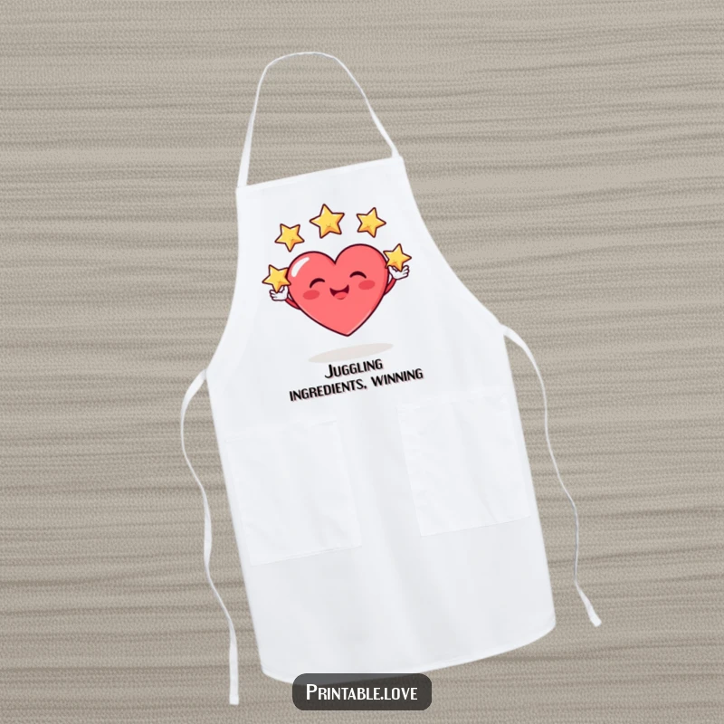 Funny apron design showing a heart character with a silly grin, expertly juggling three small stars, adding humorous flair to kitchen activities.