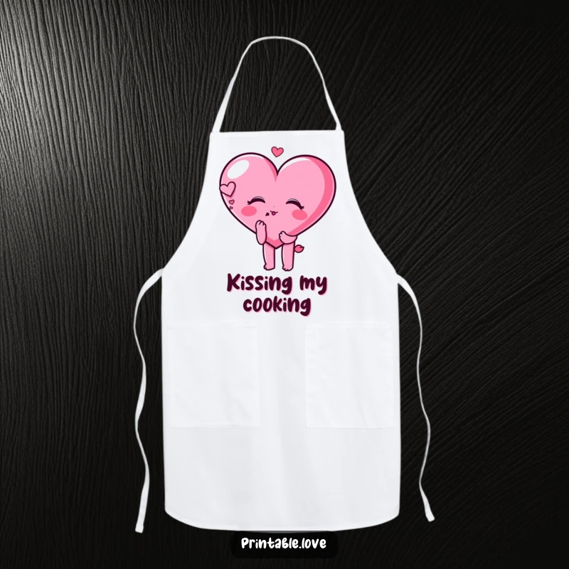 Funny heart character blowing a kiss with a dreamy expression on a functional apron, perfect for romantic cooking.