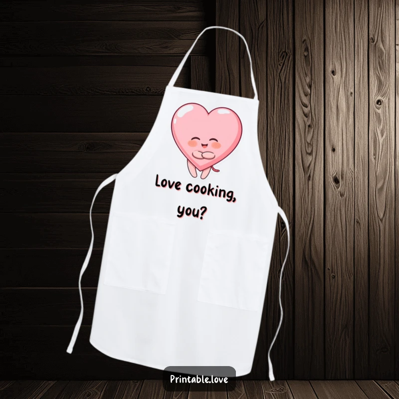 Funny Giggling Heart Apron: character hugging a large heart, ideal for kitchen fun.