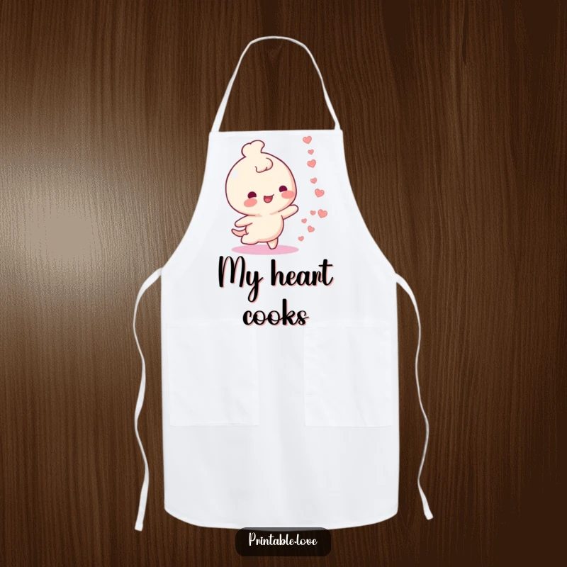 Funny apron featuring a happy character leaving a trail of tiny hearts. A cheerful kitchen accessory.