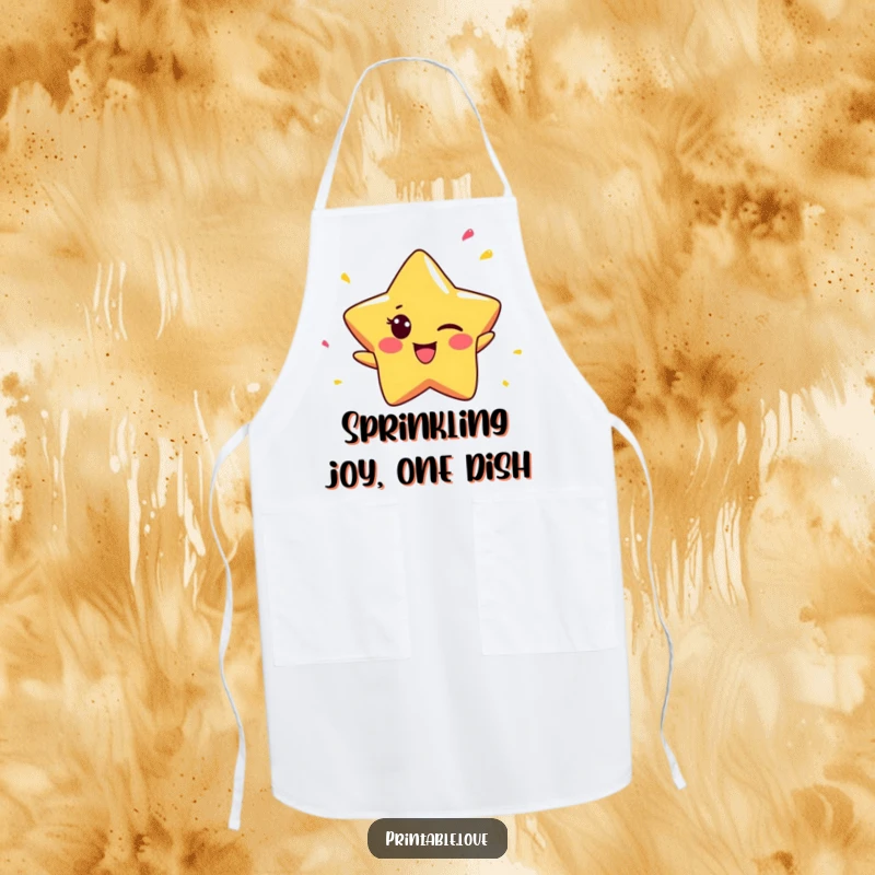 Funny Star Apron: Features a tiny winking star character tossing confetti, bringing a playful and humorous vibe to cooking.