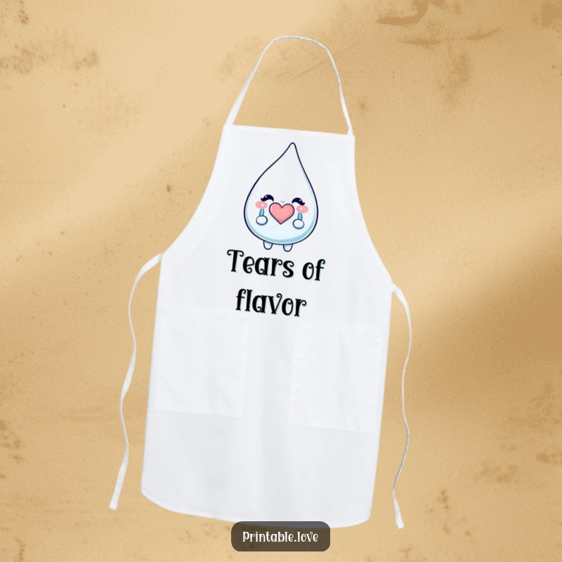 Funny Kawaii Teardrop Apron: Protective kitchen wear featuring a teardrop character shedding happy, sparkly tears forming a heart, ideal for cooking.