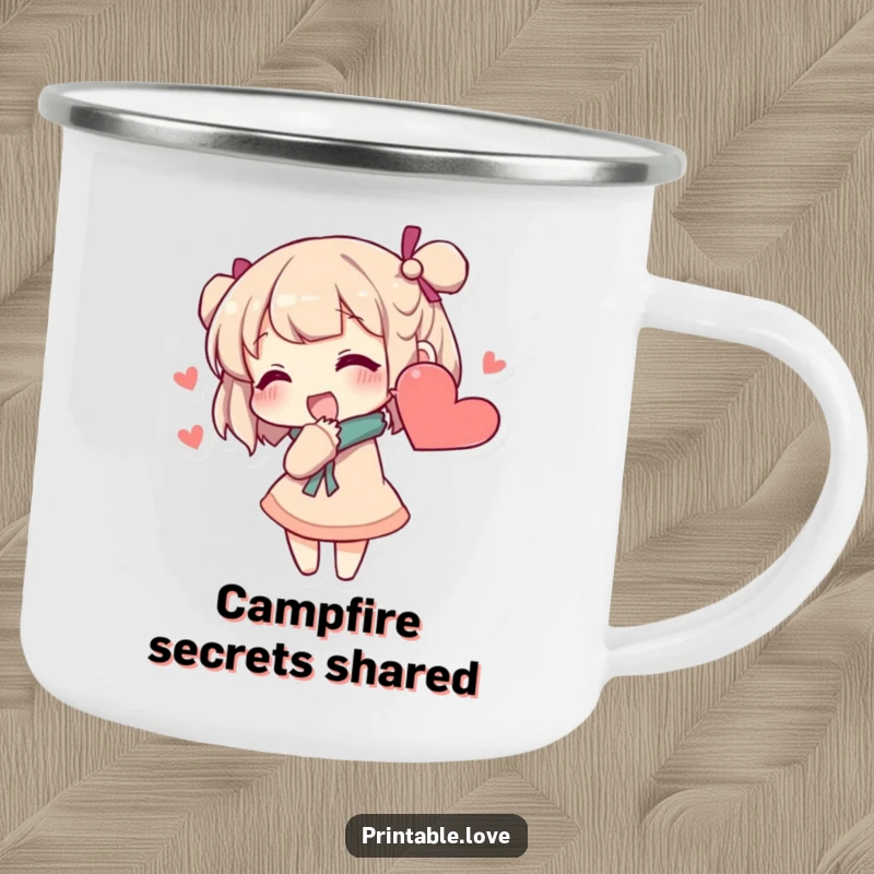 Funny secret whisper camping mug showing a character whispering into a heart-shaped ear, perfect for enjoying drinks outdoors.