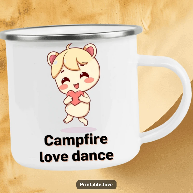 Funny, robust camping mug featuring a character dancing with a heart, ideal for outdoor cheer and laughter.