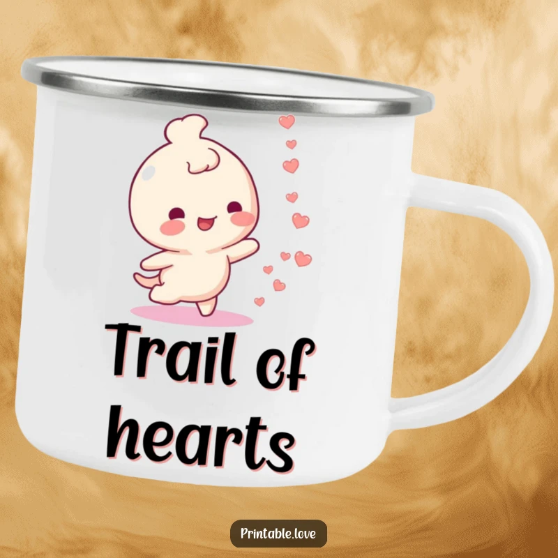 Funny, durable camping mug featuring a happy character with a trail of tiny hearts. Perfect for outdoor joy.