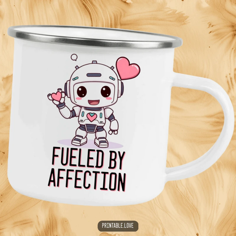 Funny Kawaii Robot Camping Mug: A robot offers a heart in a silly bow, perfect for humorous outdoor beverage enjoyment.