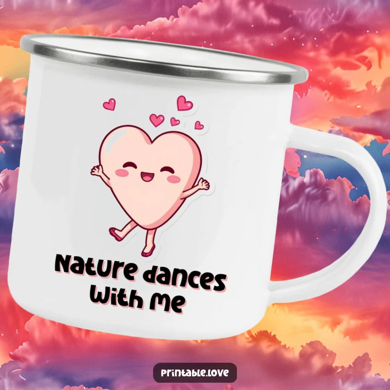 Funny, delighted heart character dancing and twirling with joy on a durable camping mug, perfect for outdoor fun.