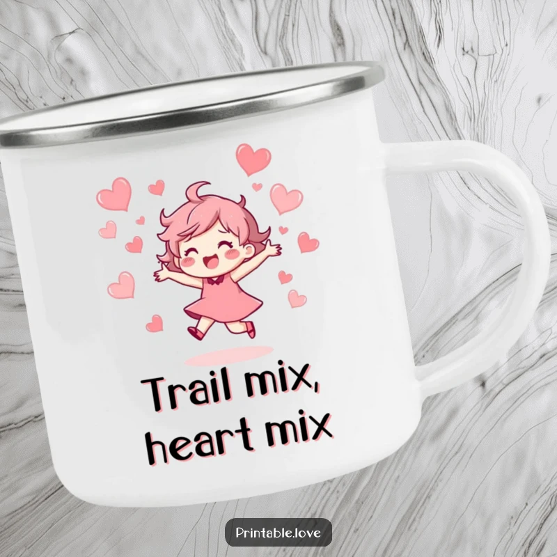 Funny Camping Mug showcasing a character dancing ecstatically, surrounded by floating hearts, perfect for outdoor joy and adventure.