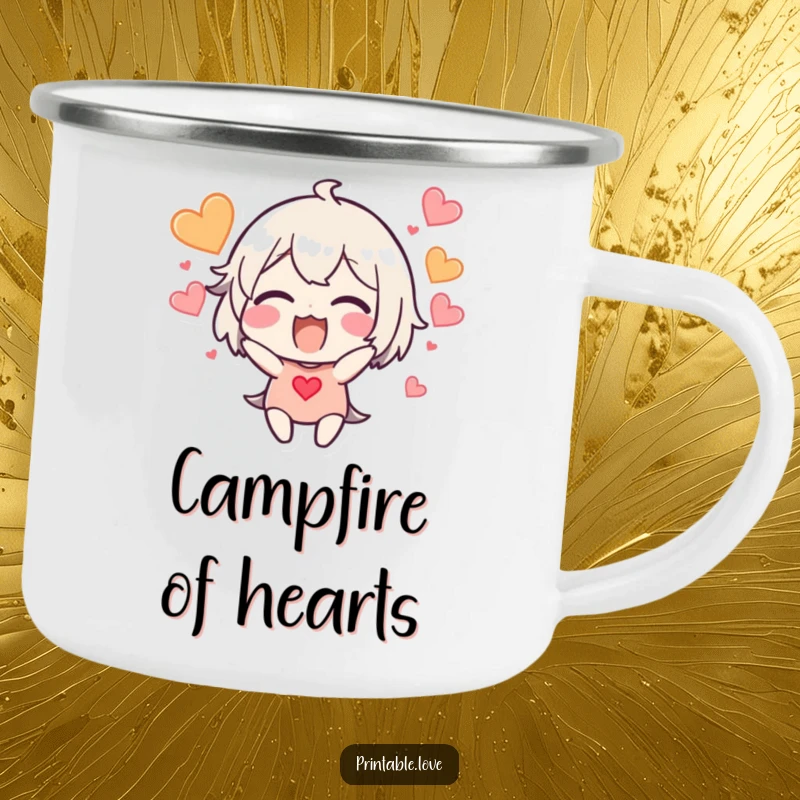 Funny excited character camping mug, hearts bursting around the head, perfect for outdoor fun.