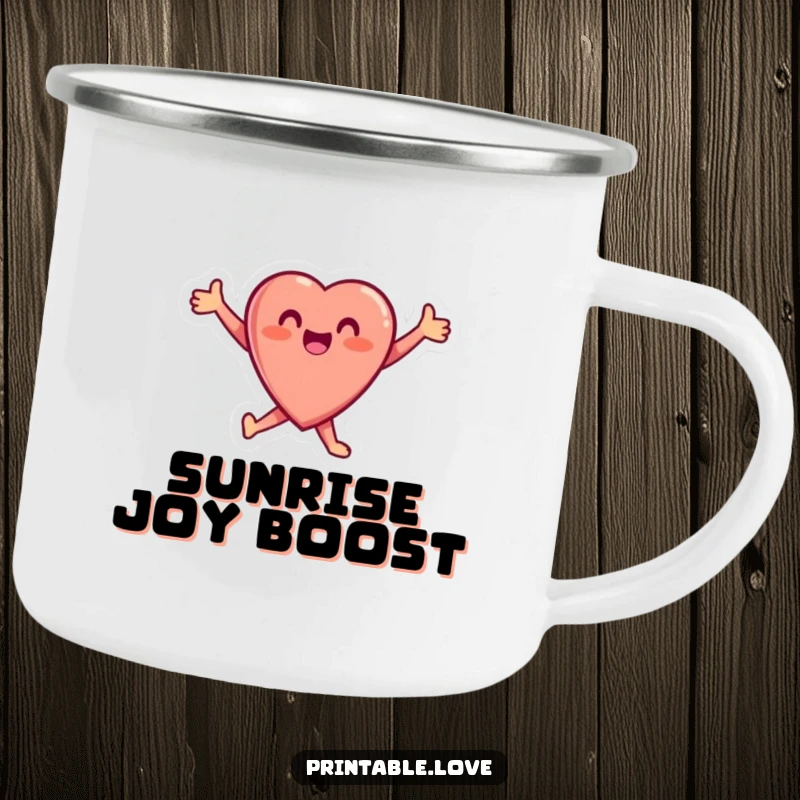 Funny Heart Camping Mug featuring a small, joyful heart character leaping with arms outstretched, perfect for outdoor enjoyment and happiness.