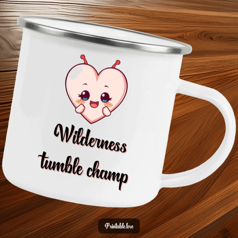Funny camping mug depicting a heart character in a delightful tumble, eyes wide with excitement, ready for outdoor fun with infectious energy.