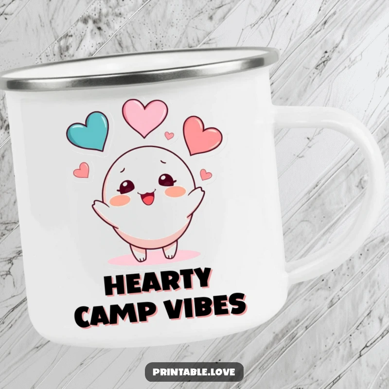 Funny heart juggling camping mug showing a blushing character playfully tossing colorful hearts, perfect for enjoying drinks outdoors.