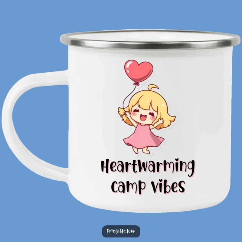 Funny Kawaii Character Camping Mug: Joyful Heart Twirl Drinkware Gift