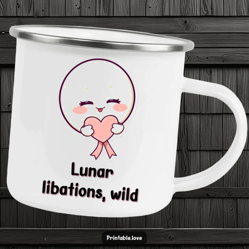 Funny kawaii moon camping mug with a mischievous wink and a heart-shaped ribbon, built for adventures and smiles.