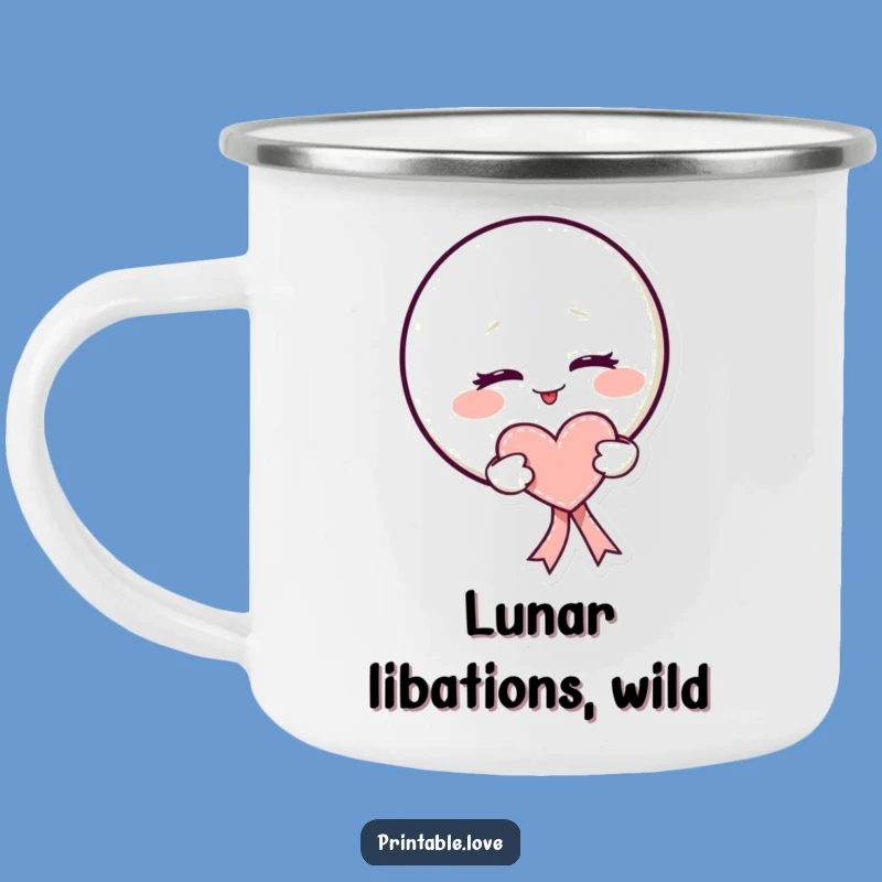 Funny Kawaii Moon Camping Mug: Adventure Mischief, Heart Ribbon, Outdoor Gift