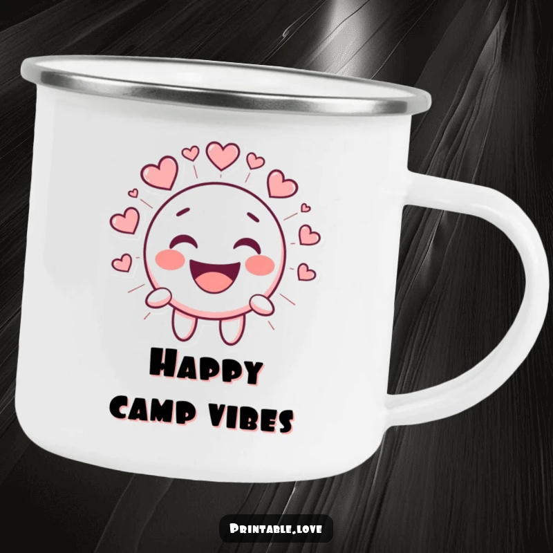 Funny Kawaii Smiley Face Camping Mug, cartoon character laughing heartily, radiating heart shapes, perfect for outdoor use with cheerful design.