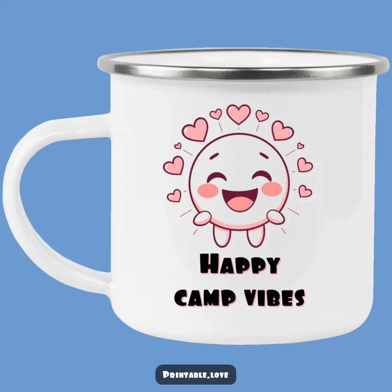 Funny Kawaii Smiley Face Camping Mug - Laughing Heart Character Outdoor Gift