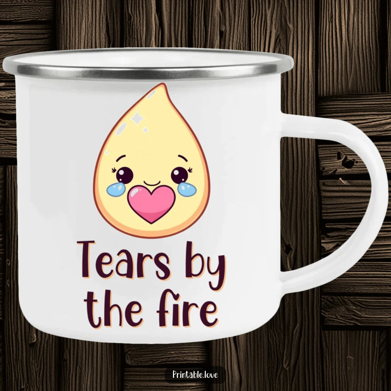 Funny kawaii teardrop character camping mug, crying happy, sparkly tears forming a heart, for joyful adventures.