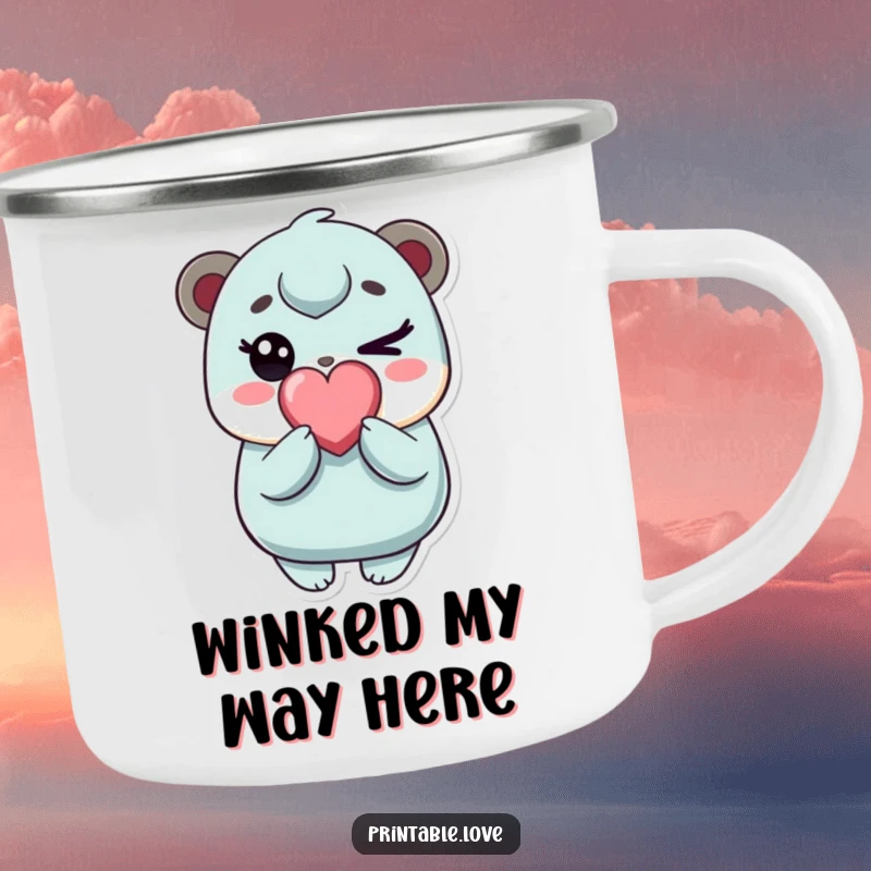 Funny kawaii character camping mug, durable and portable, playfully winking with a heart candy, perfect for outdoor adventures and hot drinks.