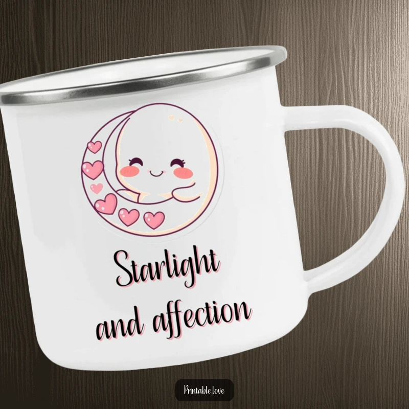 Funny moon camping mug, showing a smiling character holding a crescent moon made of hearts, for outdoor use with celestial humor.