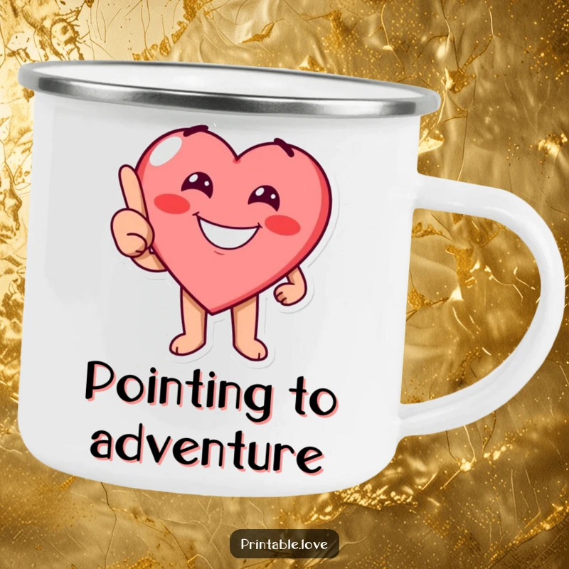 Funny heart character with a cheerful grin playfully pointing on a durable camping mug, perfect for outdoor guidance.