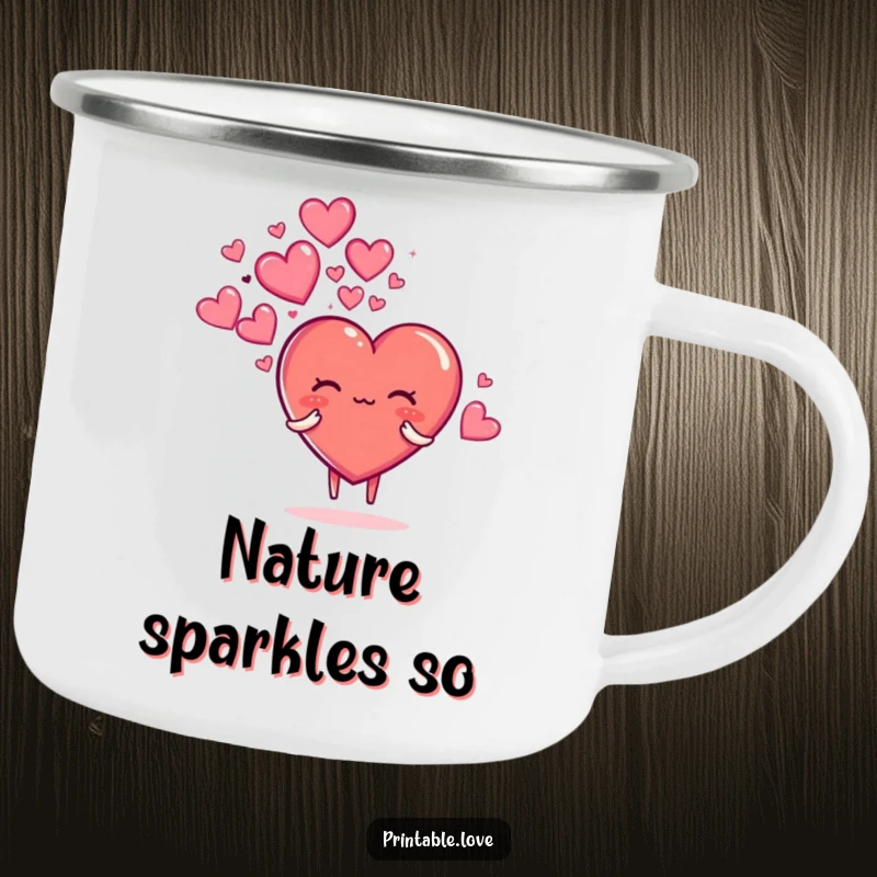 Funny camping mug featuring a heart character blowing a cloud of sparkly hearts, perfect for adding magic to outdoor trips.
