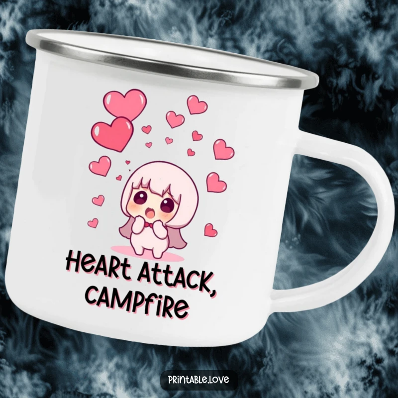 Funny, durable camping mug featuring a character surprised by a rain of red hearts, perfect for outdoor humor.