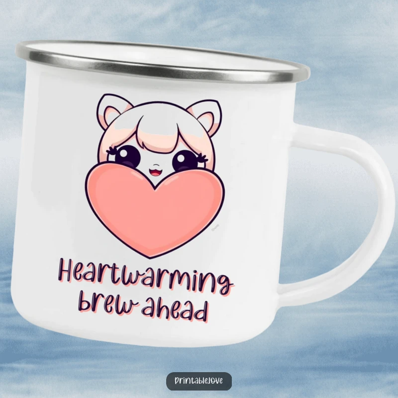 Funny camping mug with a kawaii character peeking from behind a heart, ideal for outdoor adventures and adding a cute touch.